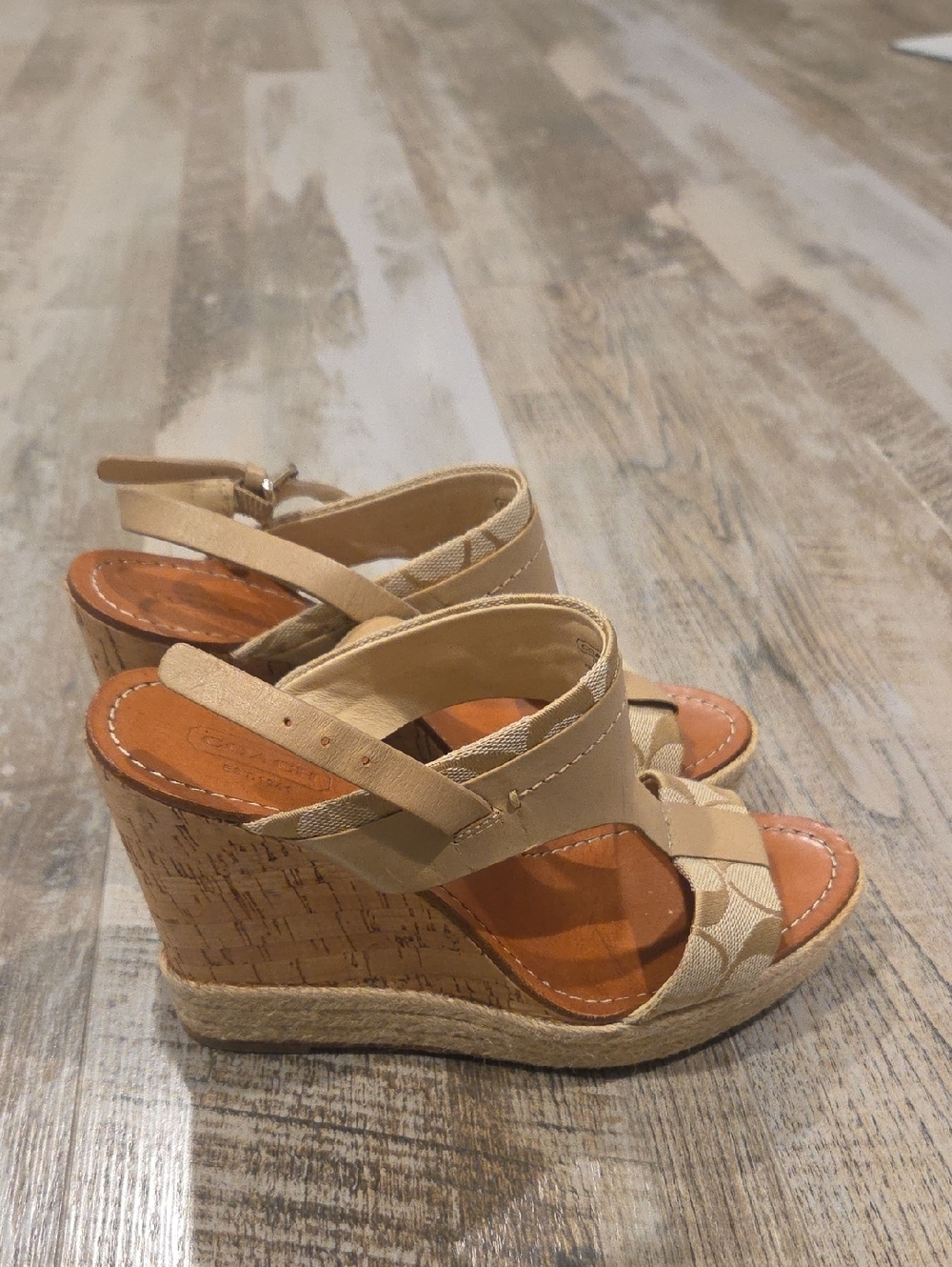 Coach Neutral Canvas & Cork Espadrille Wedges